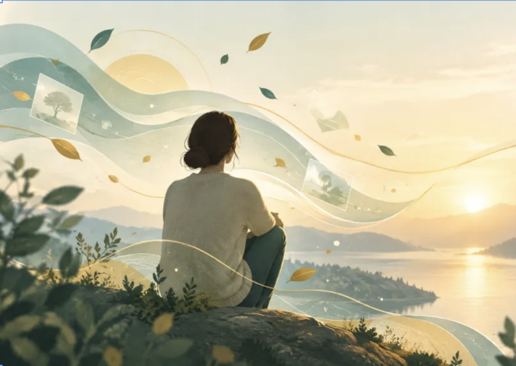 Silueta contemplando el atardecer, simbolizando recuerdos reordenándose
